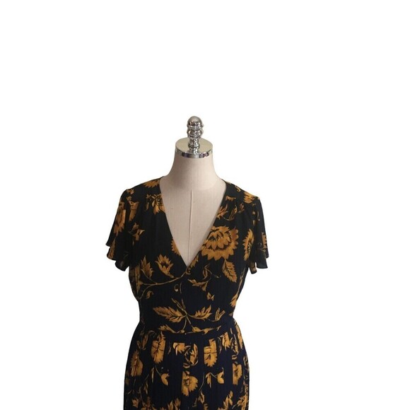 J Crew Dress Women's Size 4 Black Yellow Floral Short Sleeve Pleated Skirt - Picture 2 of 8